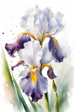 impressionistic, runny wet watercolor painting, Willem Haenraets style, ((best quality)), ((masterpiece)), ((realistic, digital art)), (hyper detailed), intricate details, (one) 1multicolored iris flower, closeup, white background, vivid coloring, some splashes