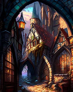 medieval fantasy cobblestone town with stained glass window buildings fairytale rpg art