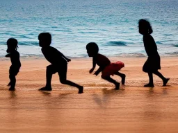 children playing on the Indian beach capture them against the sun and make an art silhouette, hyper details, real sharp, 8k, well detailed, well shaped