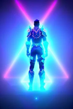 neon blue, floating triangle of light orbiting behind the back, cyber armor, geometric patterns on armor, male, orbiting triangle