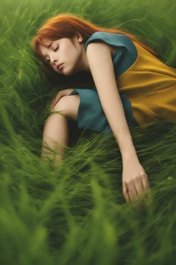 A girl lying in the middle of grass field while contemplating, detailed expression, heavy rain weather, the rain wet her face, the field is transformed into a dreamlike landscape straight out of a Studio Ghibli movie. The delicate details and vibrant colors make this a truly unique and captivating image. angle from below