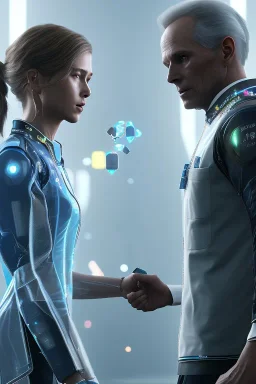 detroit become human, two people looking at each other , sci-fi fantasy style, volumetric lighting, particales,highly detailed,cinamatic, deep colours,8k.