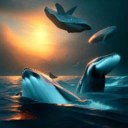 Whales in the sky, tribal tatoos, high key lighting, volumetric light high details, octane render, redshift render, mbient lighting, sunset