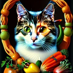 Cat head vegetables fish like Arcimboldo black background