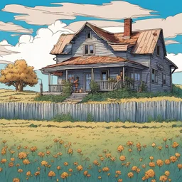 fazenda em um campo , fazendinha, traço quadrinho com cores vivas, desenho, cores realista detalhado e céu bonito azul, traço The Last Of Us, iluminação de tarde