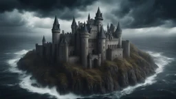 Hyper Realistic Aerial View of a huge haunted abandoned gothic castle surrounded by wolves between a sea & sea-storm on it & cloudy sky at heavy-rainy-night with mountains far showing dramatic & cinematic ambiance