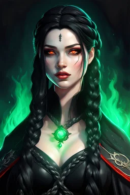 Beautiful Hexblood warlock female character. Long straight jet-black hair to the waist. Half-up hairstyle with two loose Dutch braids on each side. Bright glowing pale emerald-red eyes. Delicate face. High cheekbones. Full lips. Soft smile. Faint dark vine-like markings on face, neck and collarbone. Black cloak. Realistic dark fantasy. Highly detailed. Cinematic lighting.