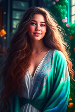 FRealistic digital art, full body portrait, ethereal, mature, full body,beautiful and attractive young Norwegian, cute nose, brown hair and white hair, long wavy braided hair, full lips, sweet smile, light natural makeup, Nordic patterns, long wavy hair, malachite colored eyes, digital art, masterpiece, April, Summer Fashion, smooth soft skin, curly hair, detailed eyes, detailed face, looking into camera, intricate, summer outfit, pink, back lighting, realistic concept art, digital painting, 3D