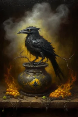 Living cauldron with yellow sigil, slightly demonic golem crow lizard in it, prize winning oil painting