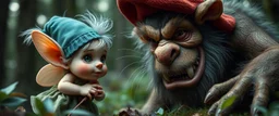 close up on pixie gnome and a giant troll intense huge funny mouse, with background motion blur, in magical forest scene, in the style of Rembrandt