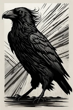 create a deeply powerful evocative, full body woodcut of an angry cursed raven woman with finely detailed and deeply cut facial features, in the style of KATHE KOLLWITZ , searing lines and forceful strokes, hyper detailed and precisely cut