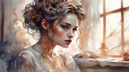 Elegant girl with fantastic face, intricate hairstyle, detailed dress, in bedroom setting, watercolor style blend influenced by Razumov, Volegov, Carne Griffiths, Wadim Kashin, ambient SF tones, intricate artwork with ominous undertone, matte painting resembling film poster, composition adhering to golden ratio, trending aesthetic on CGSociety, ArtStation, character model evoking Artg