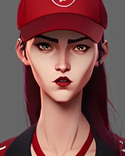 woman with a red baseball hat.