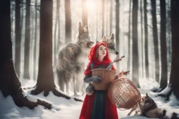 Double exposure, merged layers, Stage, stand-up microphone, drums, guitars, speakers, forest, Hansel and Gretel, Snow White walking with Robin Hood, midwife with an iron nose, Little Red Riding Hood with a basket on her arm, wolf horn on her head in sunshine, ethereal, cinematic postprocessing, bokeh, dof