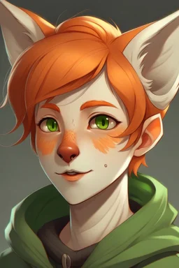 A female with short red hair, dark green eyes, large orange fox ears, slight smile, pale skin, freckles