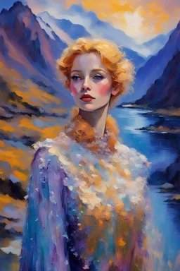 John Lowrie Morrisonoil impasto painting Close-up photo, Otherworldly, blonde ginger HD face Actress knight fashion, jelly Gaudi Iris Van Harpen translucent haute couture gold mauve blue ivory pearlescent knitted medium-transparent silk sparlkles stole gown costume, Austrian Symbolism, arcane atmosphere, at dawn behind mountains River Mountain