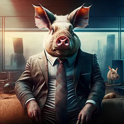 album cover realistic gamer pig watching movie huge rabbit in a suit in background