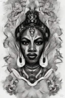 black and white illustration in a tattoo style of the oshun divinity in a white background