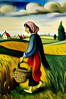 a woman with scarf standing and looking over a rice field with a basket on her hip chagall