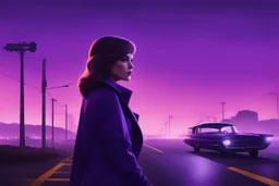 A stylized cinematic still, capturing the dramatic flair of a late 1960s television production, re-imagining The Invaders with a female lead. The protagonist, Sarah Jenkins, portrayed with steely determination and sharp intelligence, stands on a deserted, fog-shrouded Californian highway intersection under a purple-hued twilight sky. She is centered, mid-stride, her gaze fixed with suspicion on a shimmering, disc-shaped UFO, partially obscured by the mist, hovering above a dilapidated diner. She