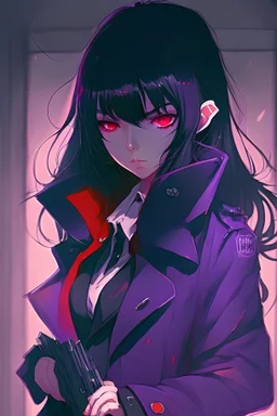 Anime girl, black hair, buieness coat, Serious, looking at mirror, holding gun, bright red eyes, purple buiesness coat, normal style.