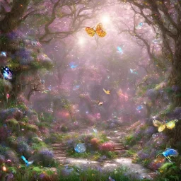 magical forest with sparkle and jewel butterflies and flowers and pink mushrooms