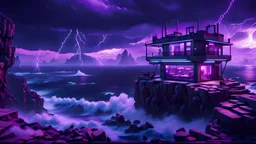 outpost on a cliff overlooking the stormy seas, nighttime, storms, winter on the islands beyond the abyss, purple light in the windows, cyberpunk style, video game scene, hyperrealistic, hyperdetailed, Unreal Engine, 8k