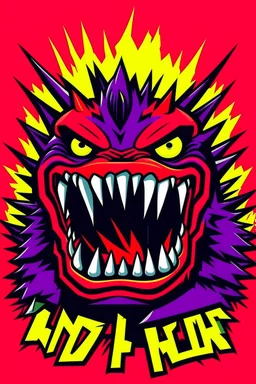 monster more angry and more 90s style, angry fast, extreme, wild, so so angry, red and purple background with 90s style slashes