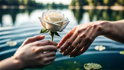 close up Back view couple holding hands close a lake, a white rose swims on the water, in the blur background a lake, some green trees, ultra detailed, sharp focus, perfect anatomy, perfect hands with fingers, perfect photo