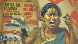 indian lady mad on phone with warning poster of russian war propaganda behind her