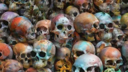 a picture of a dark, comedic, anatomically correct wall of colorful tightly packed skulls of varying sizes and expressions, photo realistic, insanely meticulous, highly detailed, part of a collection of bones on display, 64k, dystopian, vray