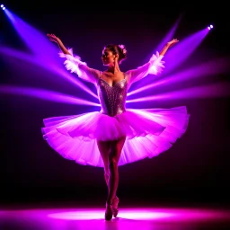 create of a beautiful balerina in pretty clothing in a modern cifi stage in her performance cinamatic lights .