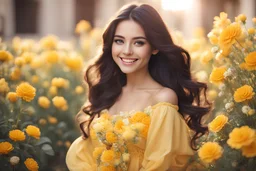 Luminous Look, beautiful girl, long dardark hair, brown eyes. warm smile. Wearing a yellow gala dress. Colored flowers all around