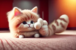 cute fluffy chibi beige cat playing with a giant plush red covid virus in a modern hall on a carpet in sunshine