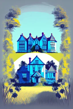 Disused, Victorian Manor House, Blue Sky, Over-Grown Fields, Vector Art