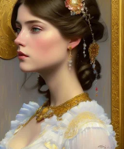 realist impressionist portrait of "The Curious Female" by Ross Tran rework. Masterpiece, best quality, painted impressionist brush strokes. paint drips and drabs and splatters by and by art nouveau and richard schmid . Paint spatters, drips, drabs, dynamic, artstation, artgerm