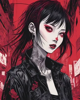 illustration in two gradually, beautiful punk girl, one side Junji Ito style, and one side illustration by <kilian eng> darkred tones,high detailed,