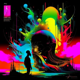 Exponential Eldritch symbolism shift, abstract surrealism, by Arthur Secunda and Dave McKean and Sam Keith, silkscreened mind-bending illustration; asymmetric, synthwave album cover art, acid burn neon colors, atmosphere guided by N(t)=N0​⋅e−kt