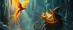fire smoke and fog and light rays, phoenix jellyfish octopus bird witch in chrome reflective icy waterfall looks beyond really powerful slapping a bird in the face with fire, fantasy illustration, in the style of Rembrandt, plantery saturn background