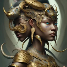 Sango fantasy, fantasy magic, intricate, sharp focus, illustration, highly detailed, digital painting, concept art, matte, art germ and Paul Lewin and Kehinde Wiley, masterpiece Indonesian lady head bronze tiger Asian African girl nice breast Thai hair turquoise silver waves