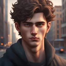 A 20 year old male. He is the protagonist. He is handsome. He is in a city. Realistic style portrait