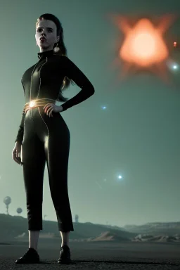 retro sci-fi portrait image from 1960, supermarket parking explosion, long hair, young Scarlett Johansson, classic black tight lycra suit, gold bracelet and belt, soft color, highly detailed, unreal engine 5, ray tracing, RTX, lumen lighting, ultra detail, volumetric lighting, 3d, finely drawn, high definition, high resolution.