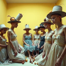 Flash photo of a room, a senseless jumble of bodies, wearing absurd hats and other senseless clothes, and dried fruit, odd objects, in a bright, featureless, yellowish-white room, surreal characters in real life. Details of their skin and dresses very accentuated. 8k, fine focus, funny
