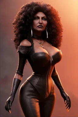 Pam Grier as evil queen in black leather, leather, busty, cleavage, angry, stern look. character design by cory loftis, fenghua zhong, ryohei hase, ismail inceoglu and ruan jia. unreal engine 5, artistic lighting, highly detailed, photorealistic, fantasy