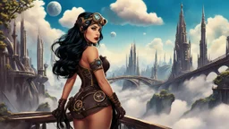 exotic sci-fi steampunk pin-up girl, with long dark hair, on a sci-fi planet with cloud trees, tall spires, buildings, bridges, arches