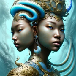 Sango fantasy, fantasy magic, intricate, sharp focus, illustration, highly detailed, digital painting, concept art, matte, art germ and Paul Lewin and Kehinde Wiley, masterpiece Japanese dancer head bronze eel' Asian African girl nice breast Thai hair turquoise silver blue under water