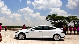 A Tesla's 'Model S Plaid' is racing at top speed, across Chichen Itza, in Mexico. CINEMATIC. WIDE ANGLE LENS.