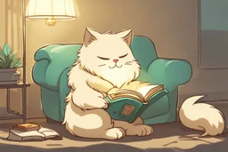 cute chibi fluffy beige bioluminescent cat reading a book sitting on a sofa next to a glowing tiffany lamp in a modern room