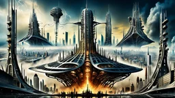a stunningly weird image of a futuristic giant tower metropolis using Salvador Dali's paranoiac-critical method, where buildings and structures appear to melt into the skyline cityscape is filled with floating mad, twisted sharp metal shapes that interact with the buildings and each other, forming a surreal tableau of a dreamlike reality. neu-steampunk vibe, essence of the scene in a cinematic manner, with dramatic shadows that enhance the distorted perspectives and bizarre