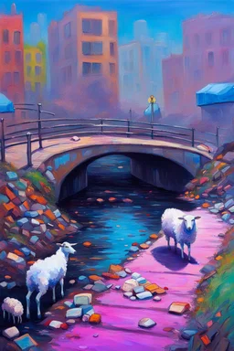 painting of a cyberpunk colourful natural walkway rubbish on the street in the city with pollution and a small bridge by a creek with electric sheep and androids by monet